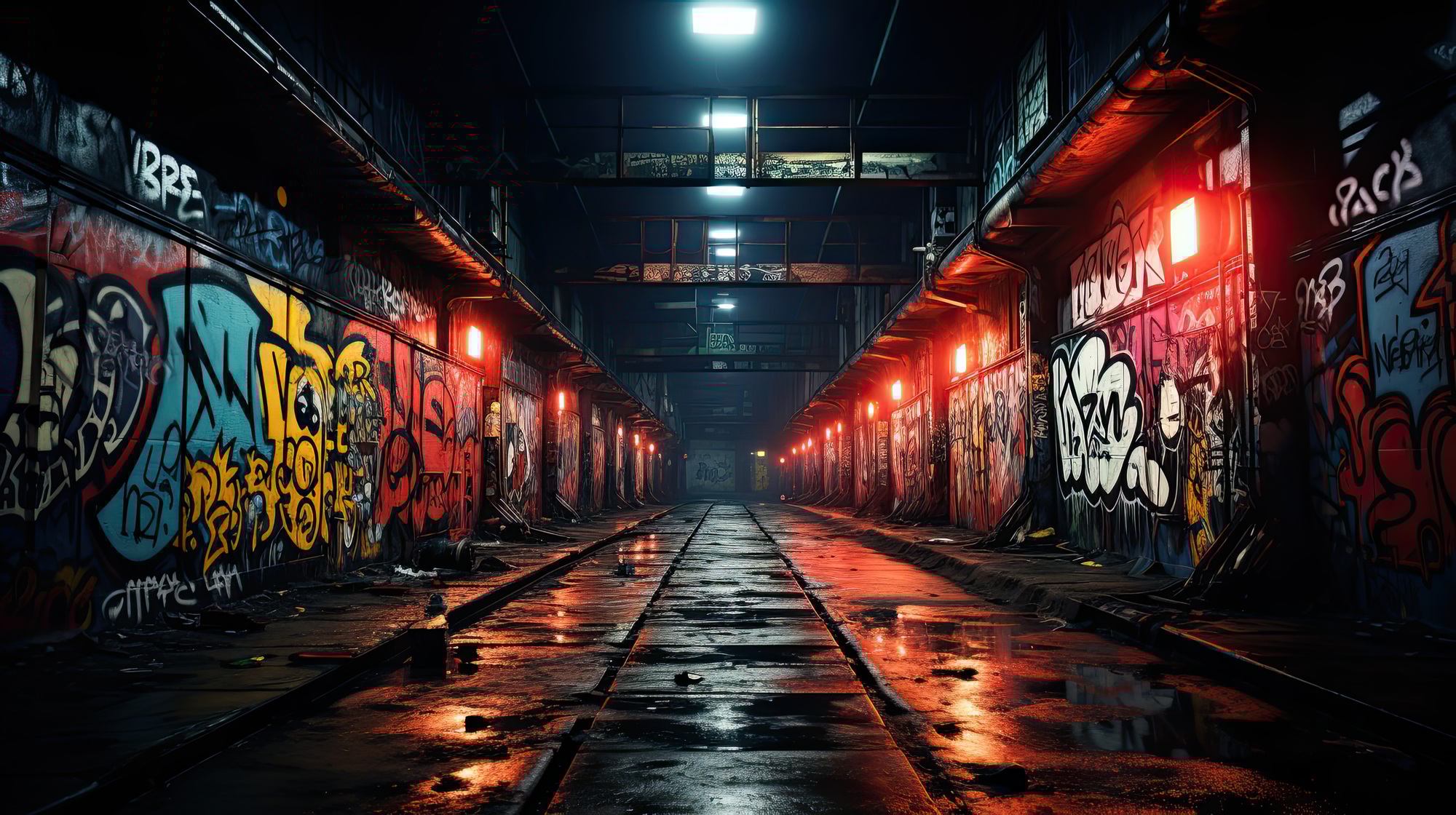 an empty warehouse is covered with graffiti and red light above the tracks